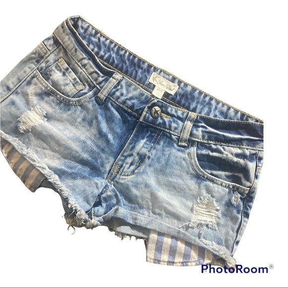 Others Follow Pants - Others Follow medium/stone washed/distressed/low rise/denim/blue jean shorts